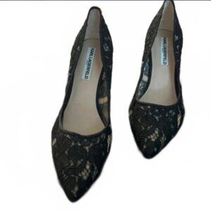 Karl Lagerfeld Royale Black Lace Pointed Toe Heels Size 9.5 Party Pointed Fabric